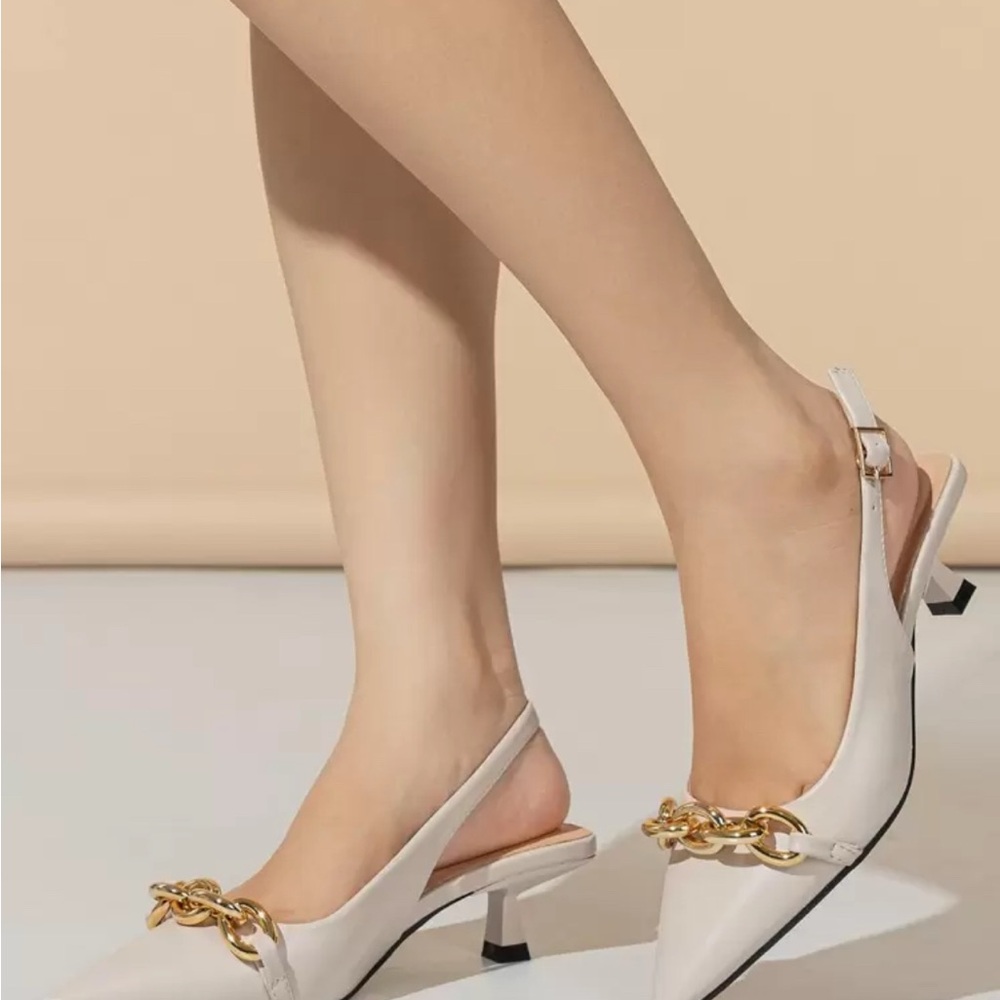 Elegant White Slingback Heels with Gold Chain